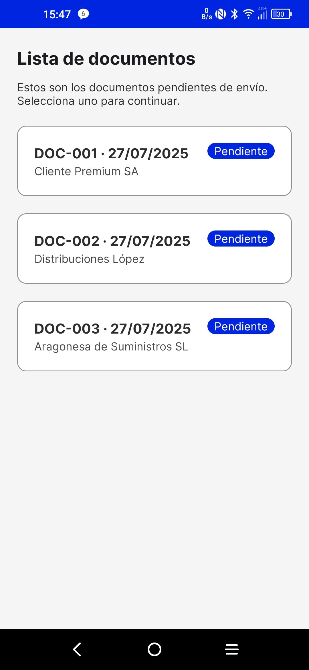 Lista de documentos pendientes en la app de LogisPro