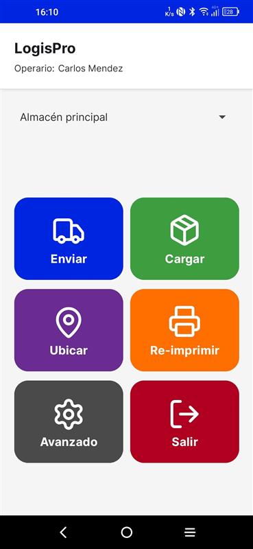 Menú principal de la app Android de LogisPro