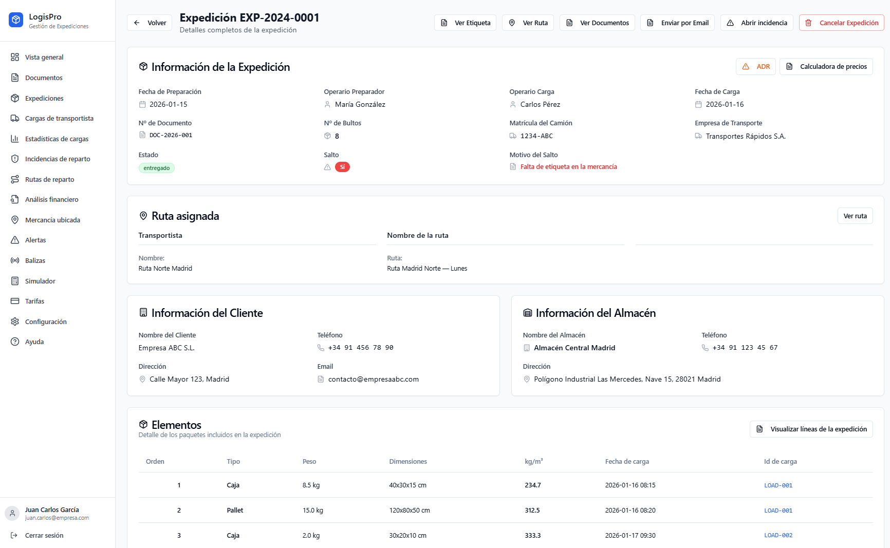 Detalle de Expedición en LogisPro